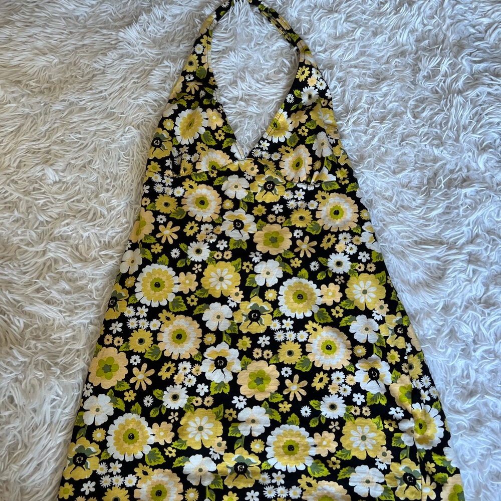 Yellow and White Bodycon Midi Dress with Halter Neckline